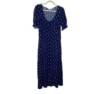 Navy Printed V-Neck Maxi Dress